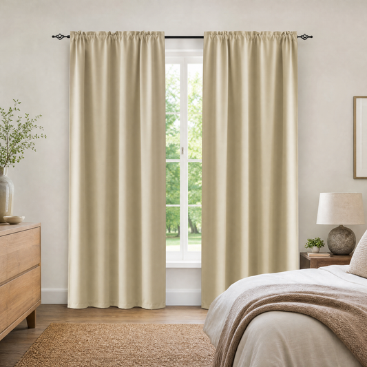 Thermal insulated blackout curtains with grommets hanging in a calm bedroom