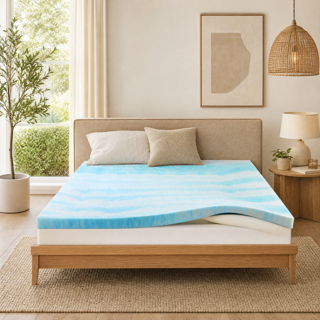 Cooling gel memory foam mattress topper on a bed in a bright bedroom