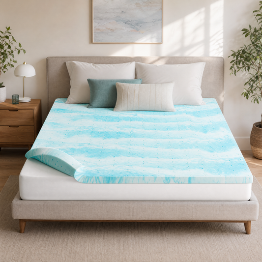 Gel memory foam mattress topper on a bed in a bright bedroom