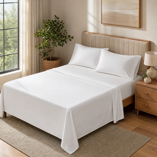 White bamboo queen sheet set on a made bed in a bright bedroom