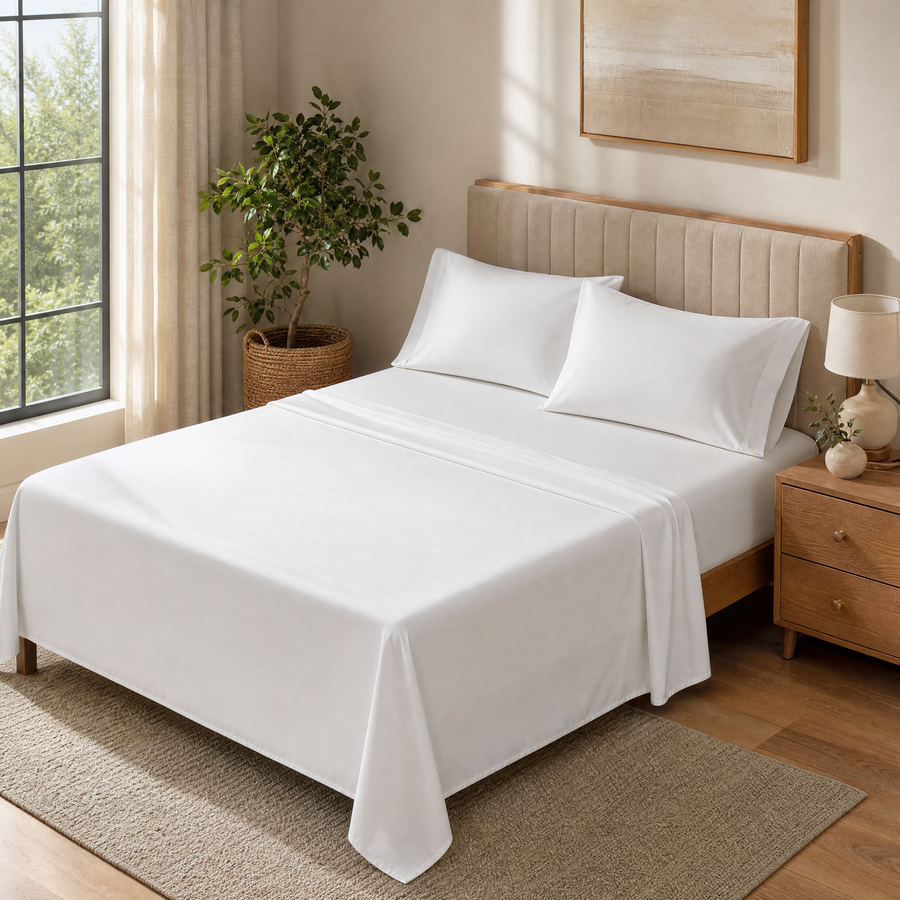 White bamboo queen sheet set on a made bed in a bright bedroom