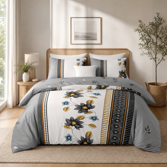 Grey duvet cover set with white floral print on a made bed in a bright bedroom