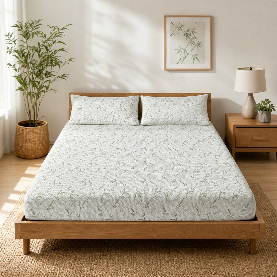 White bamboo fitted sheet with a light green leaf print on a made bed in a bright bedroom