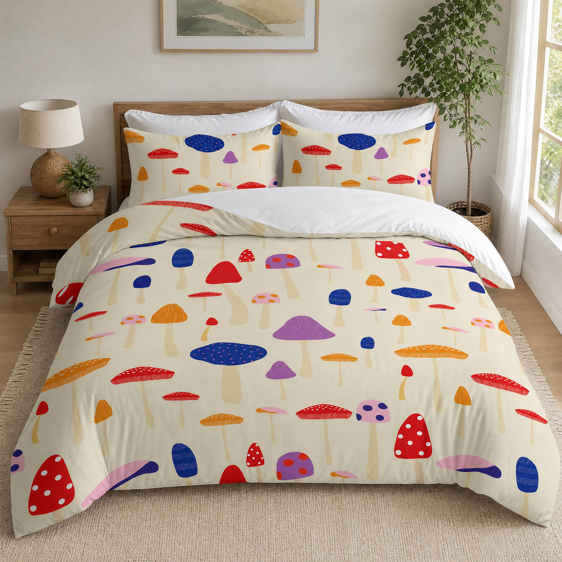Mushroom print full duvet cover set on a made bed in a bright bedroom