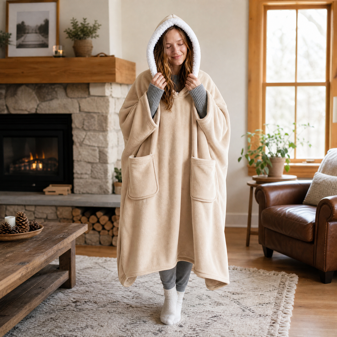 Beige wearable heated flannel blanket worn by a model in a cozy living room