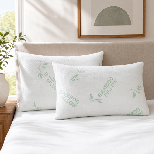 Shredded memory foam cooling pillows on a made bed in a bright bedroom