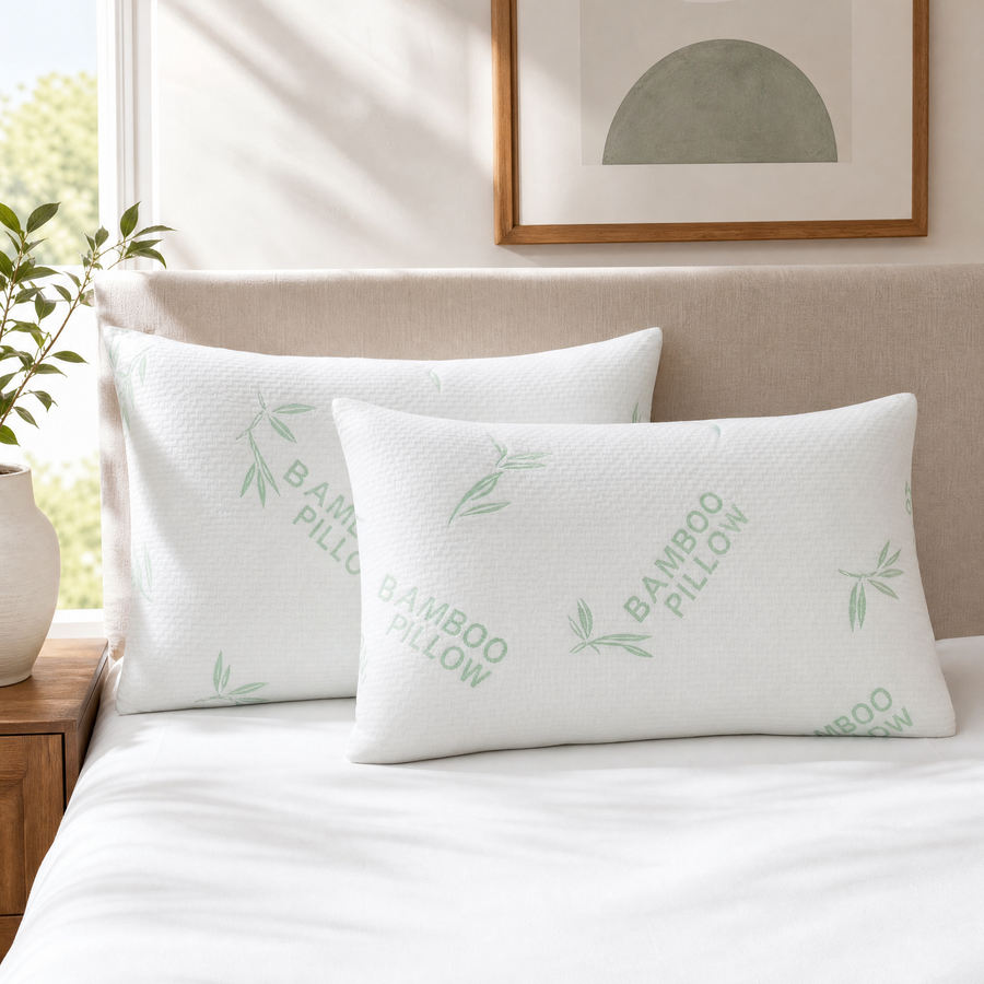 Shredded memory foam cooling pillows on a made bed in a bright bedroom