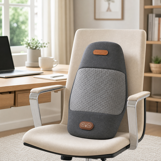 Dark grey memory foam lumbar massage pillow with heat on a home office chair