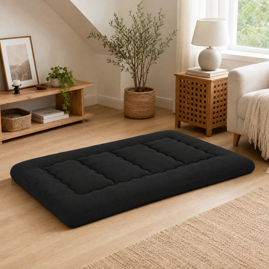 Foldable trifold floor mattress in a bright living room