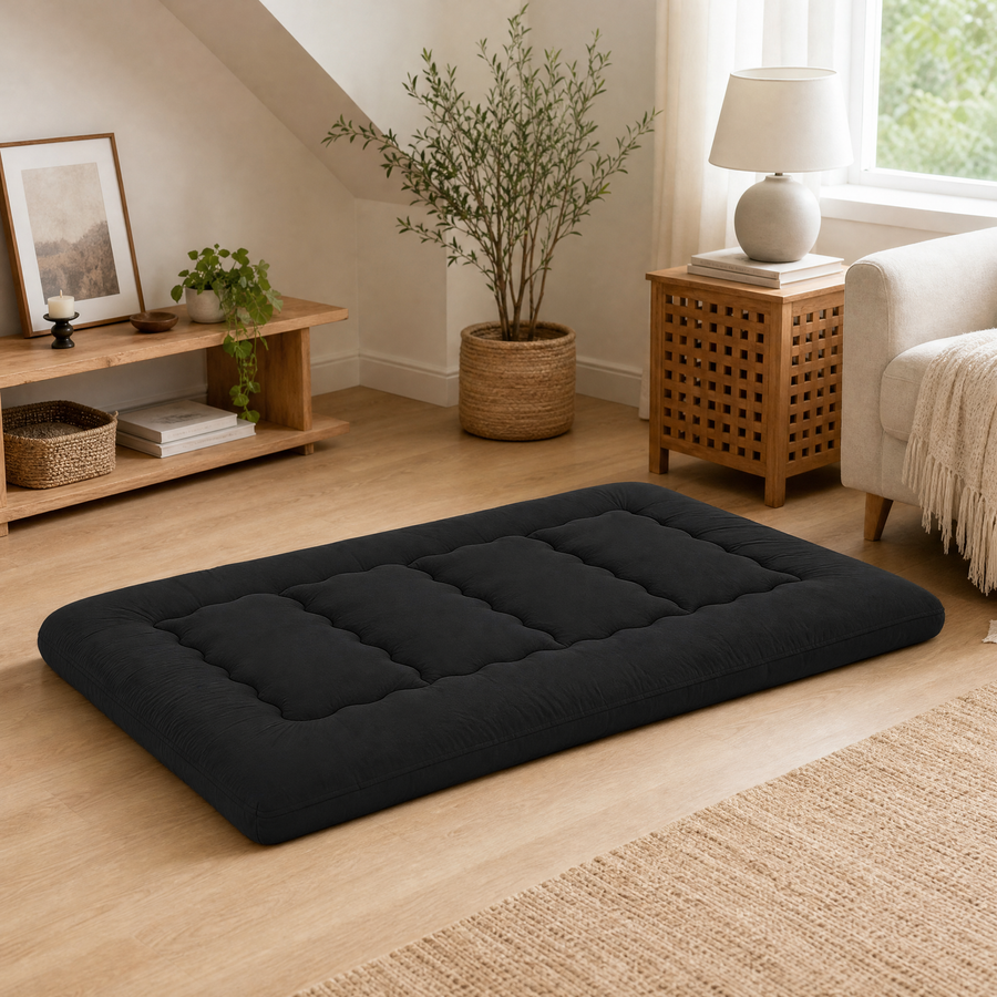 Foldable trifold floor mattress in a bright living room