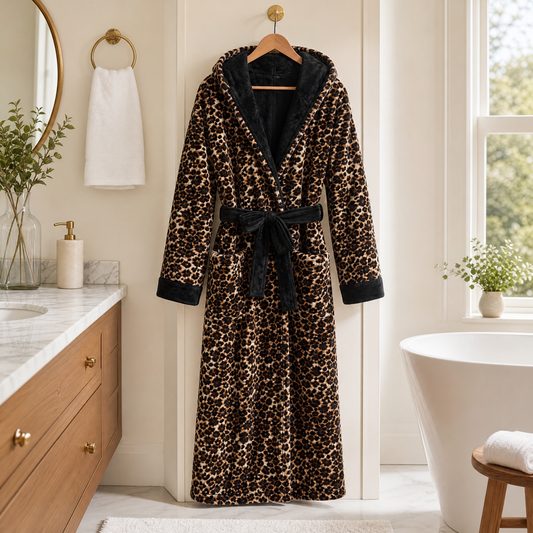 Leopard print plush robe on a hanger in a bright bathroom