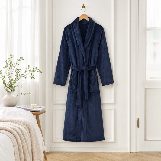 Navy plush long bathrobe on a hanger in a bright bedroom