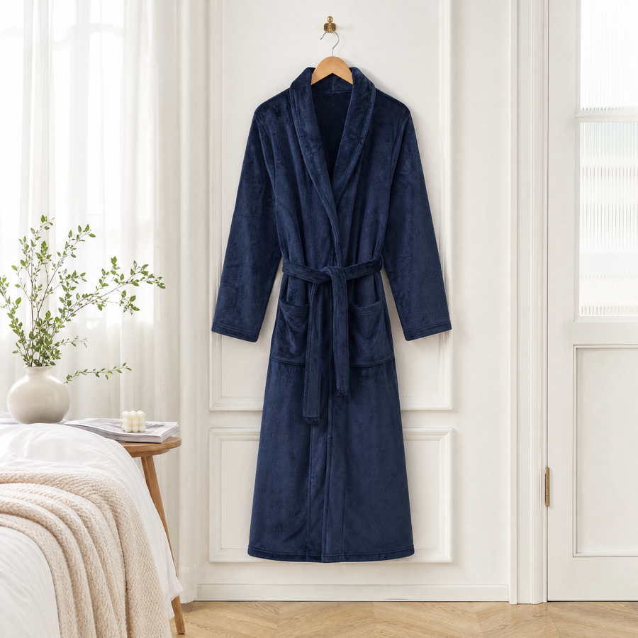 Navy plush long bathrobe on a hanger in a bright bedroom
