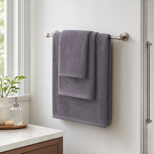 Gray coral velvet hand towels in a bright bathroom