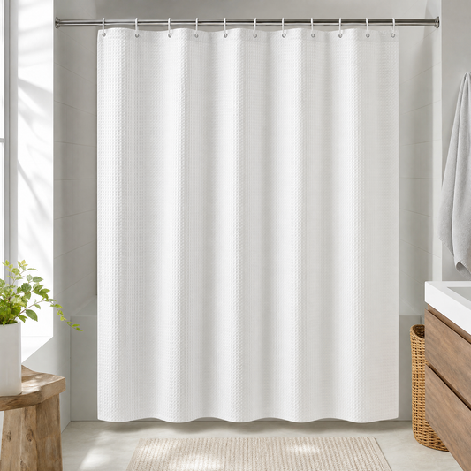 White waffle weave fabric shower curtain in a bright bathroom