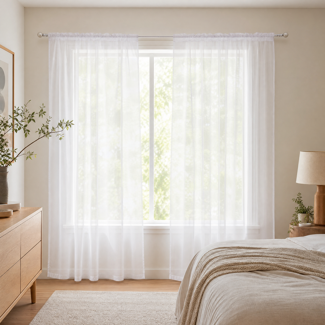 White sheer curtains hanging in a calm bedroom