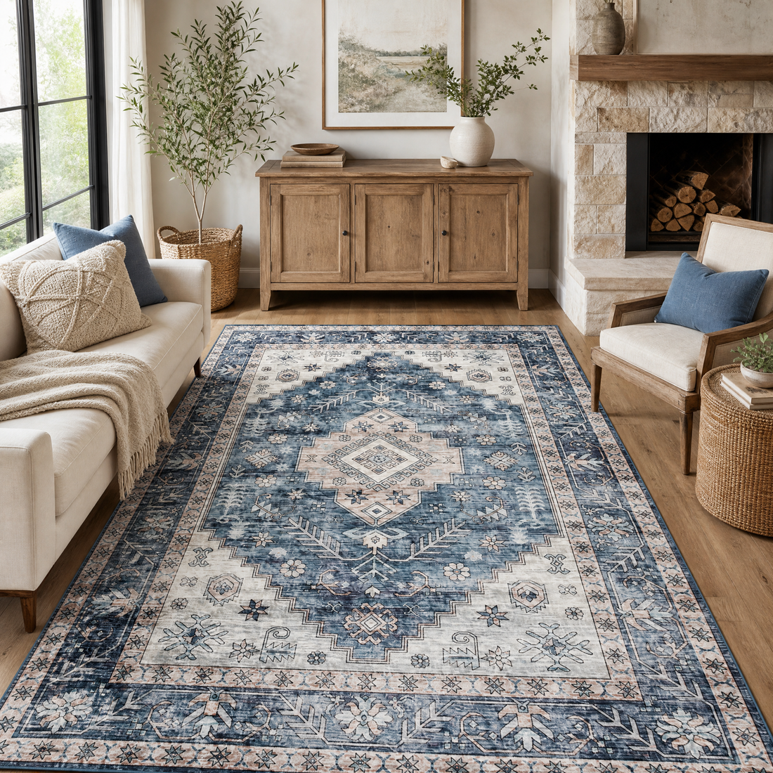 Blue vintage washable area rug in a bright living room