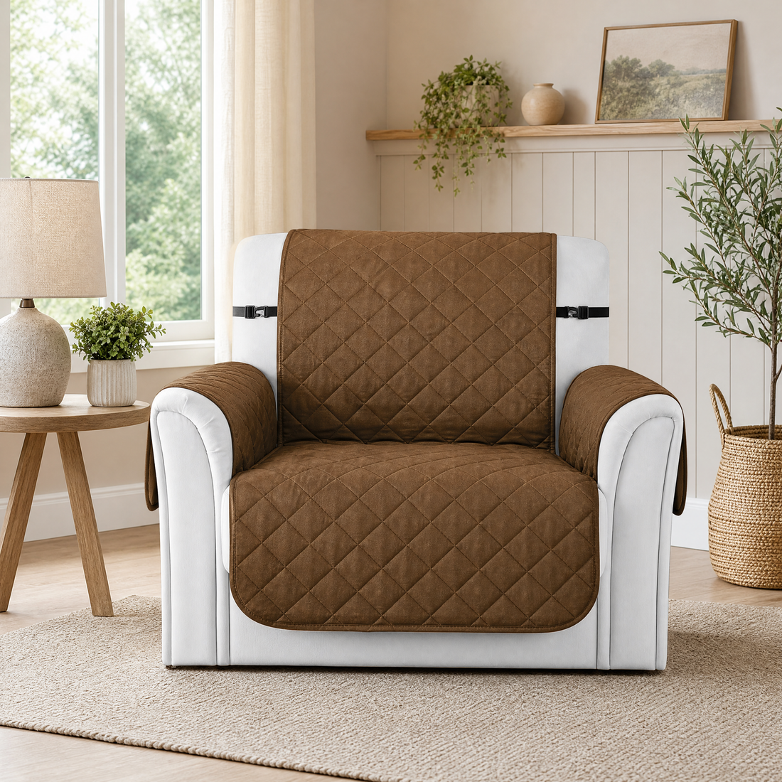 Chocolate brown reversible armchair slipcover in a cozy living room