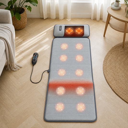 Gray full body massage mat with heat laid out on a living room floor