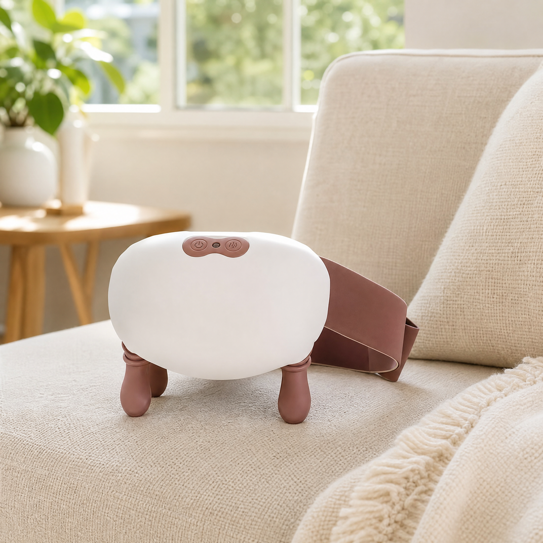 Beige cordless shiatsu neck massager on a sofa cushion