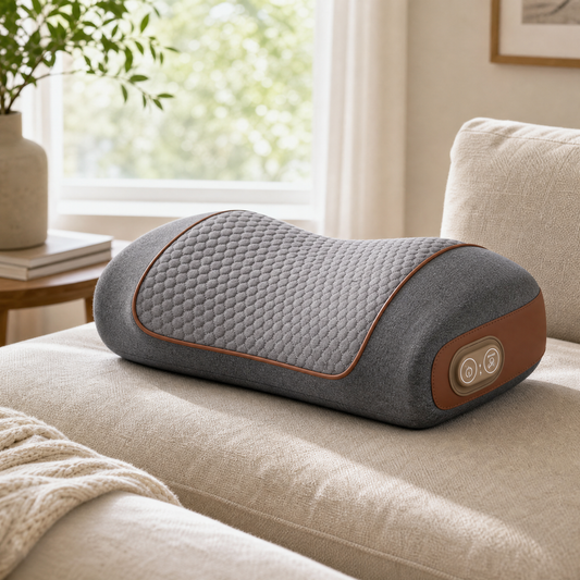 Dark grey 3-in-1 neck massage pillow on a linen sofa