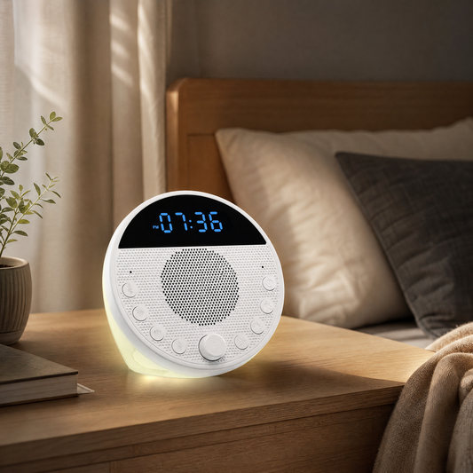 White noise sound machine with night light on a bedside table