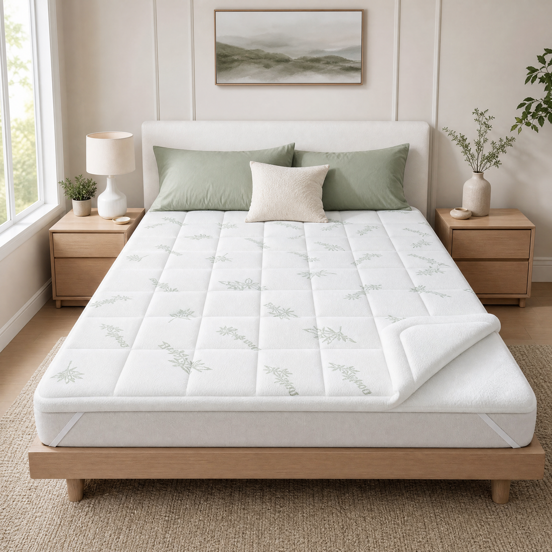 Cooling pillow top mattress topper on a bed in a bright bedroom