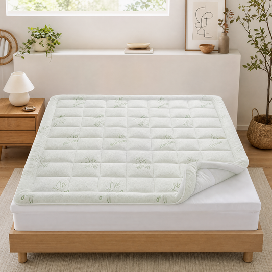 Plush bamboo pillow top mattress topper on a bed in a bright bedroom