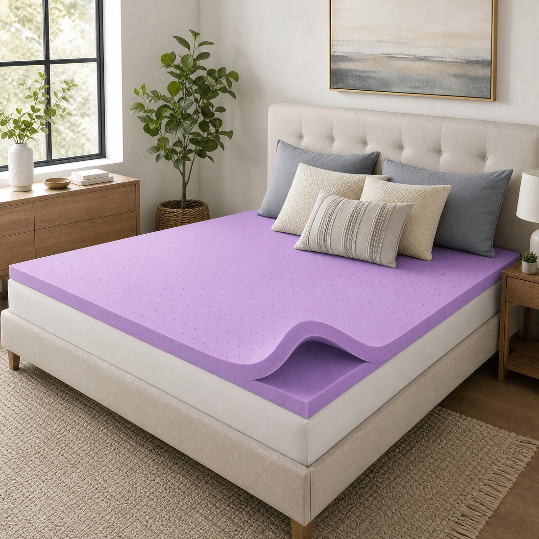 Gel memory foam mattress topper on a bed in a bright bedroom