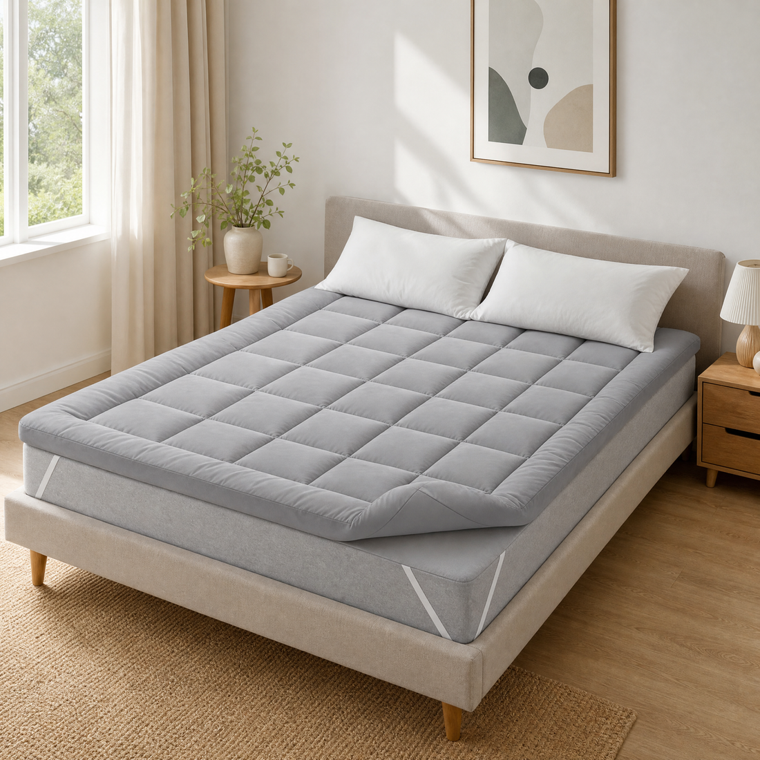 Gray quilted king mattress topper pad on a bed in a bright bedroom