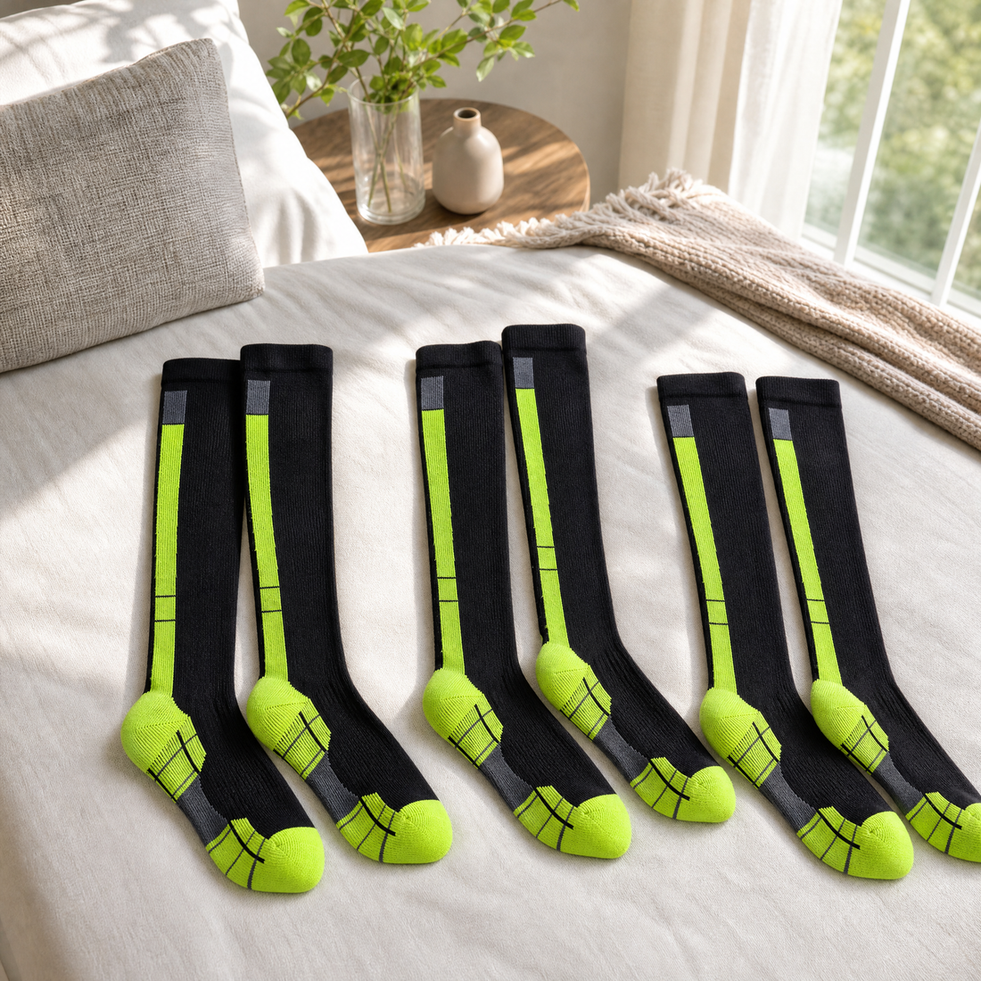 Knee-high compression socks laid out on a made bed