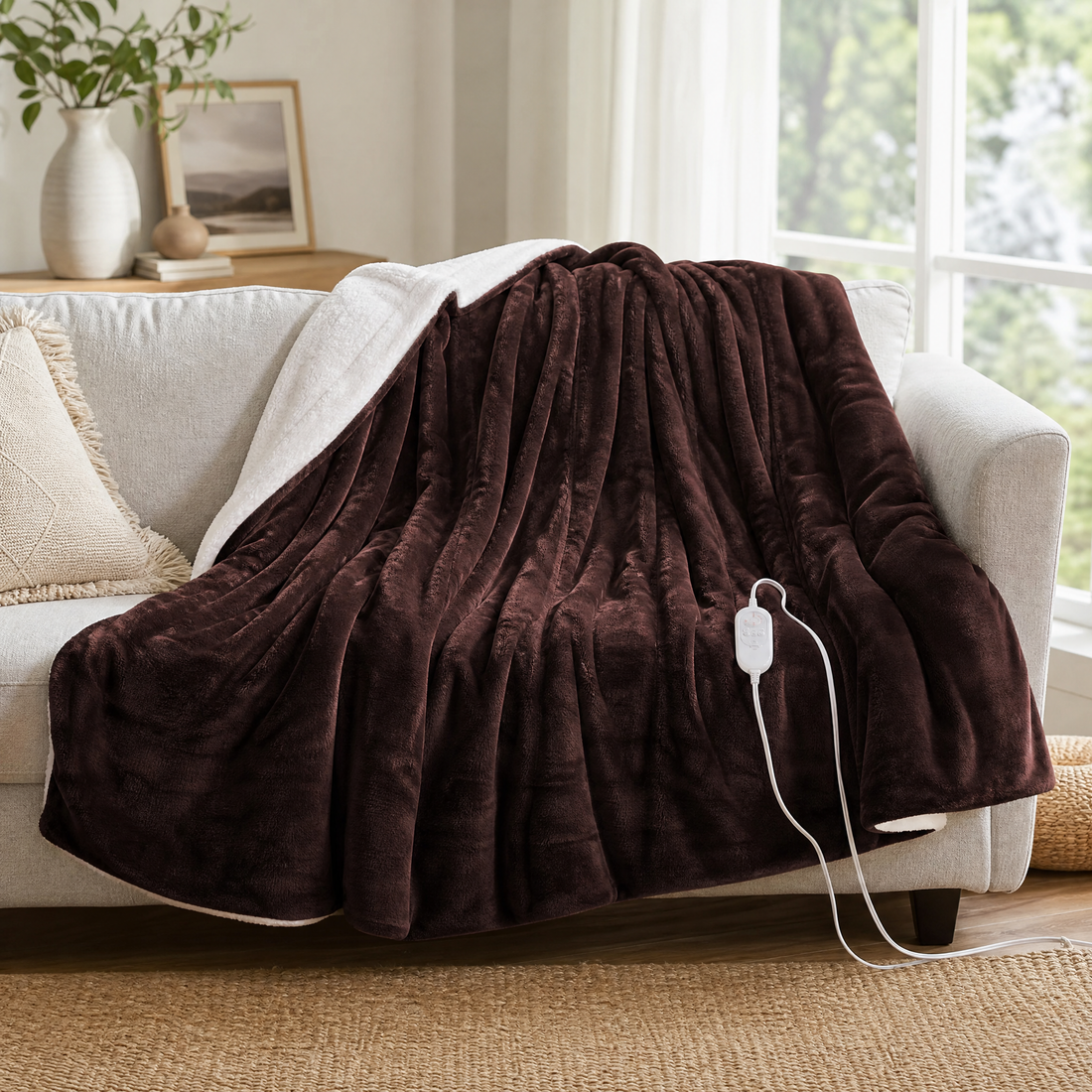 Coffee brown flannel heated throw blanket with controller draped over a sofa