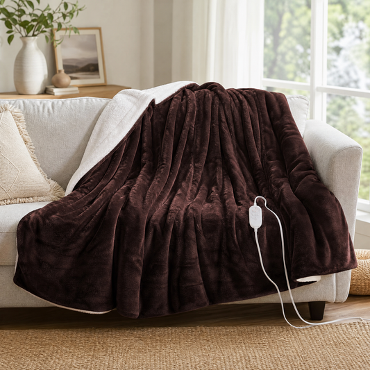 Coffee brown flannel heated throw blanket with controller draped over a sofa