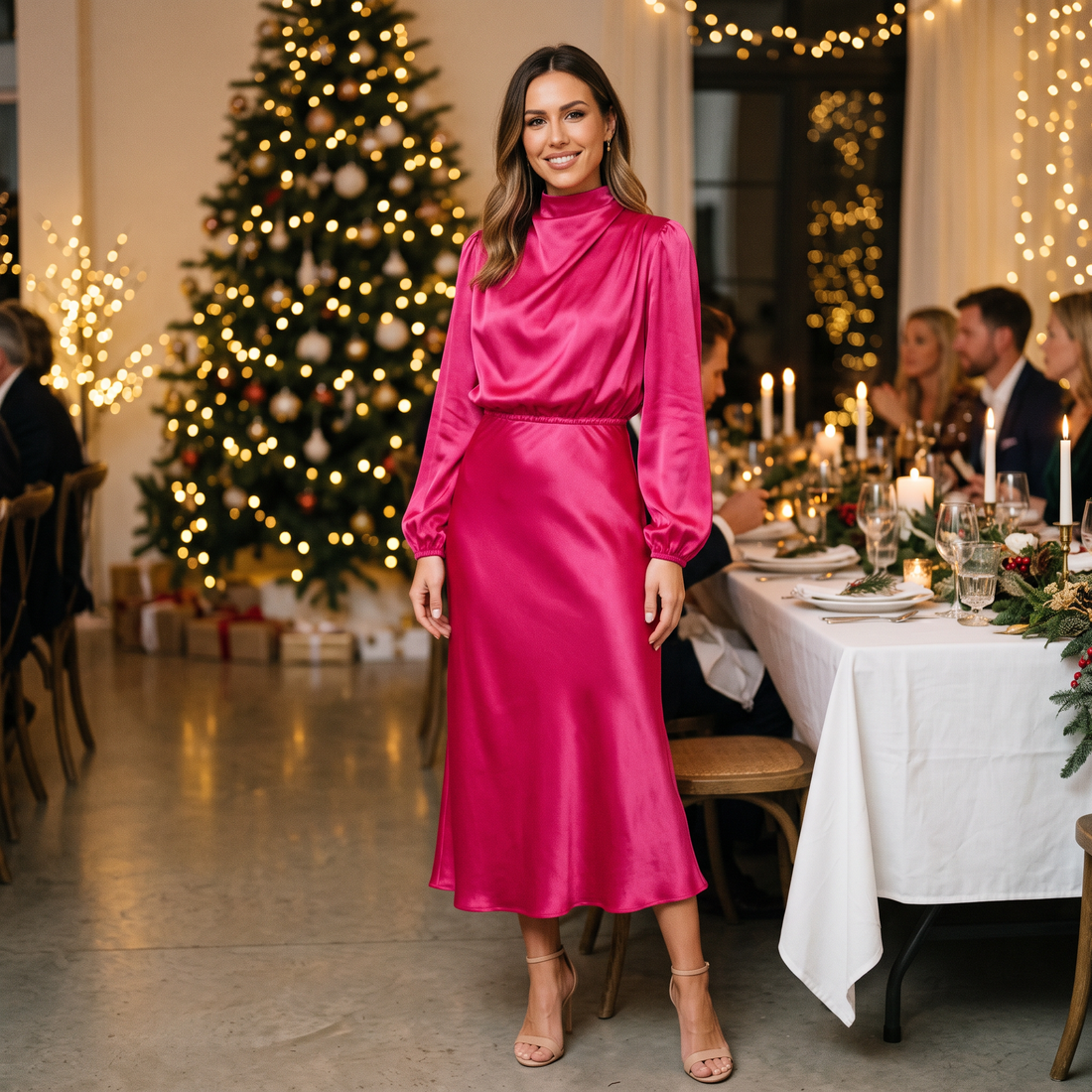 Woman wearing the rose red satin mock neck midi dress at a holiday dinner party