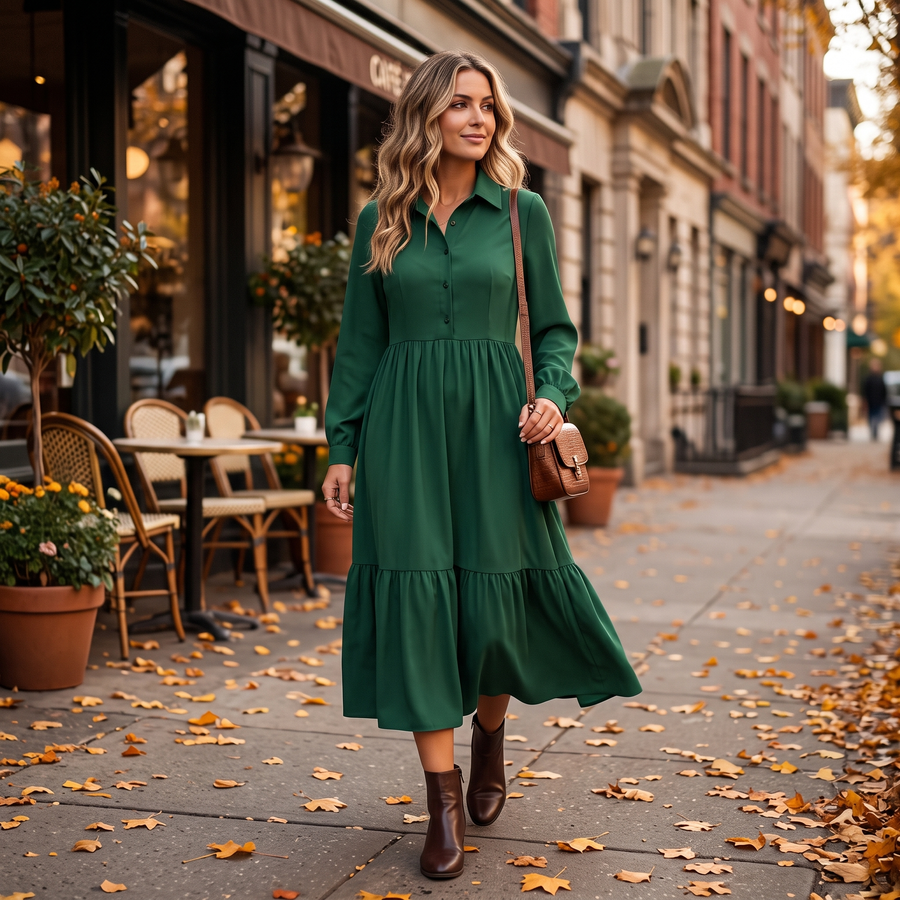 Woman wearing the dark green tiered shirt dress on an autumn street