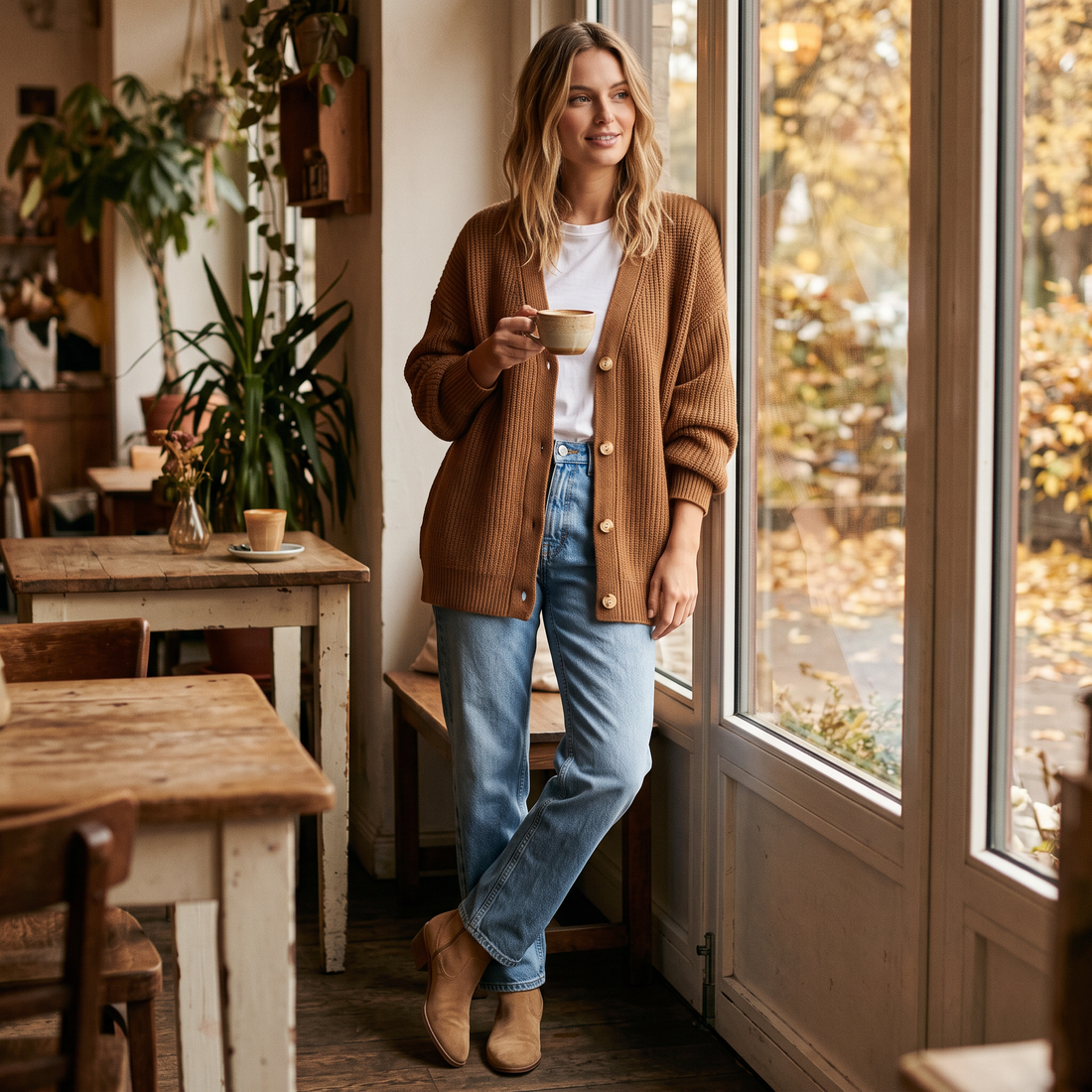 Woman wearing the brown chunky knit cardigan in a cafe