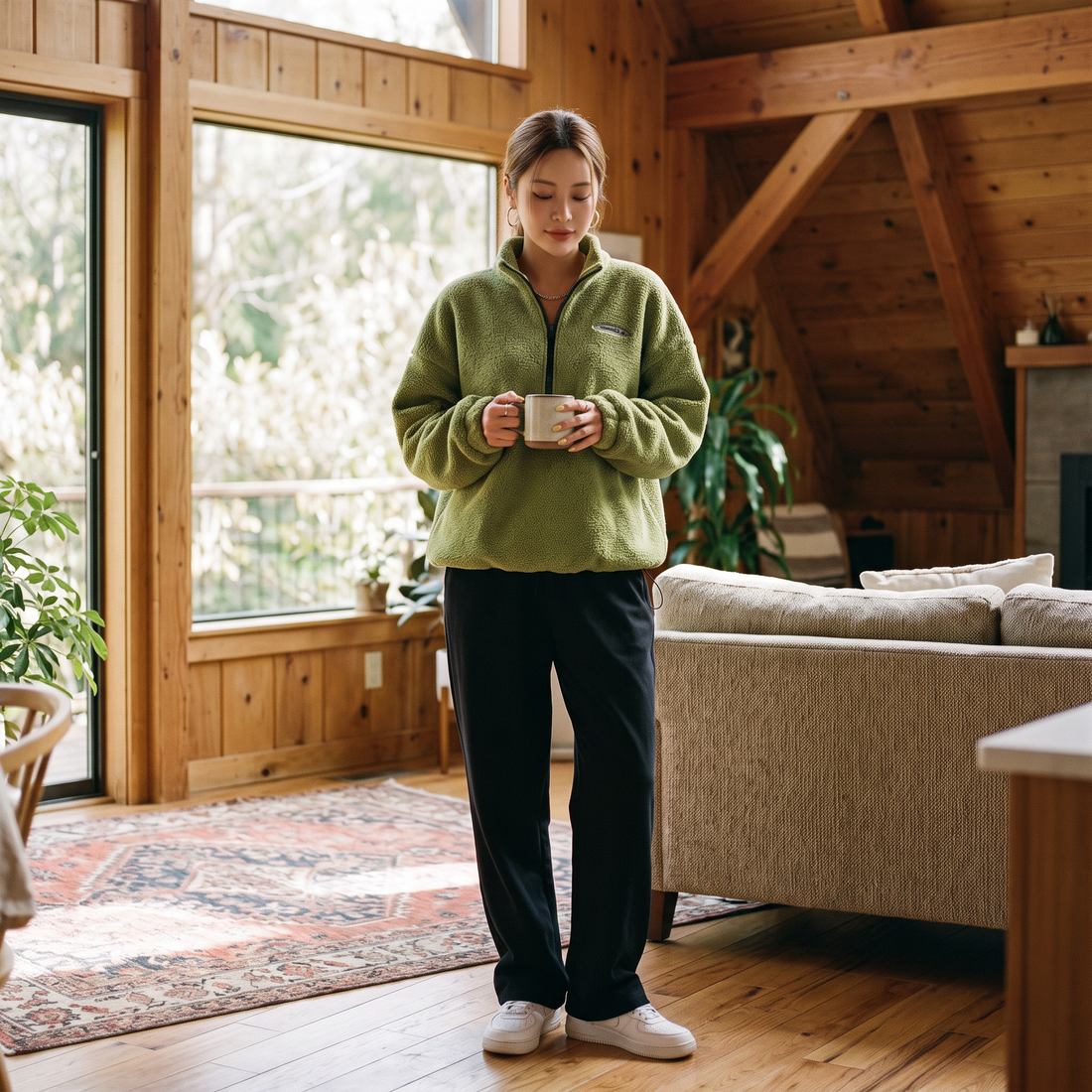 Woman wearing the lime green half zip fleece pullover in a cozy cabin living room