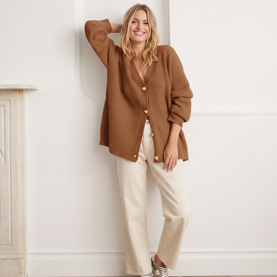 Brown chunky knit V-neck cardigan