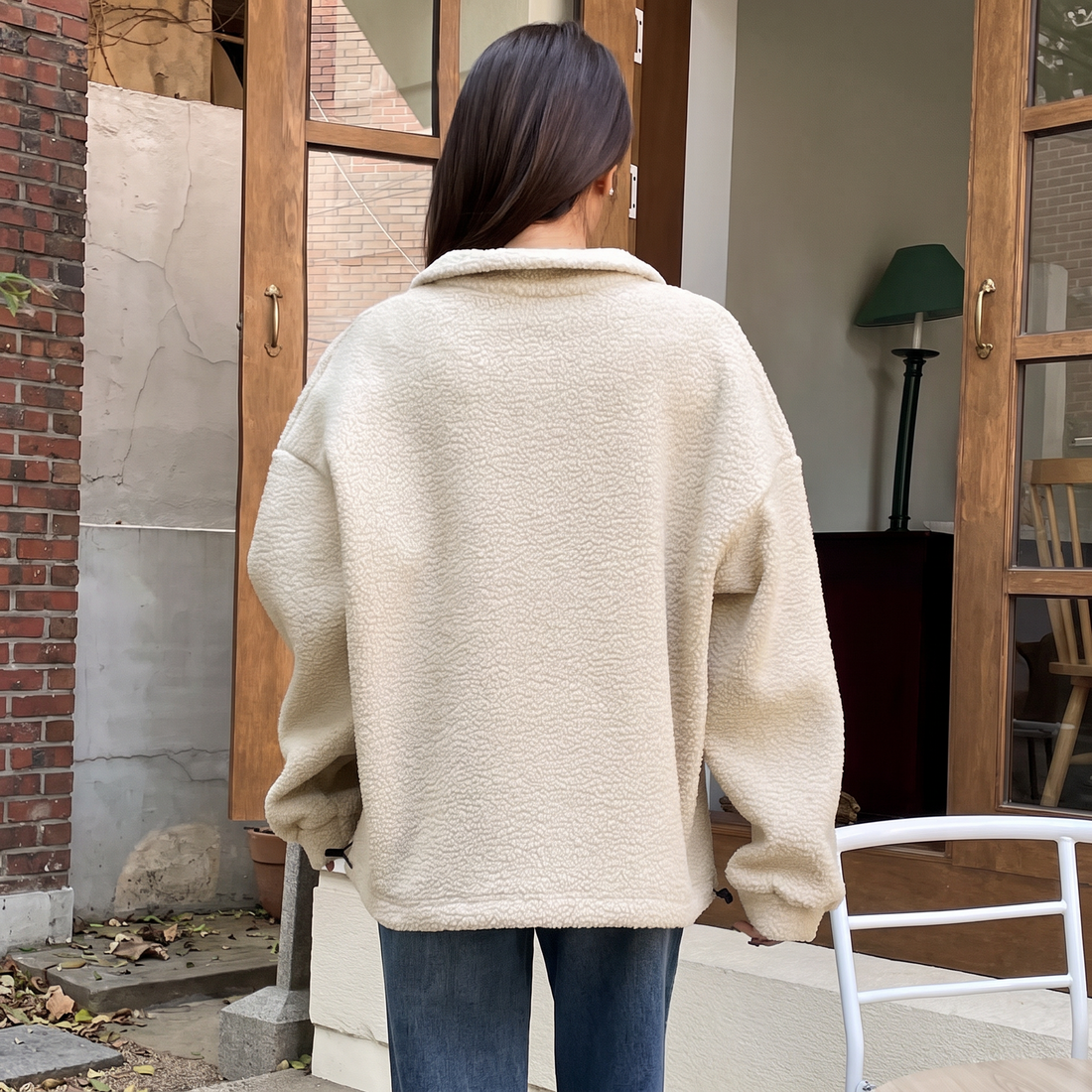 Apricot half zip fleece pullover, back view