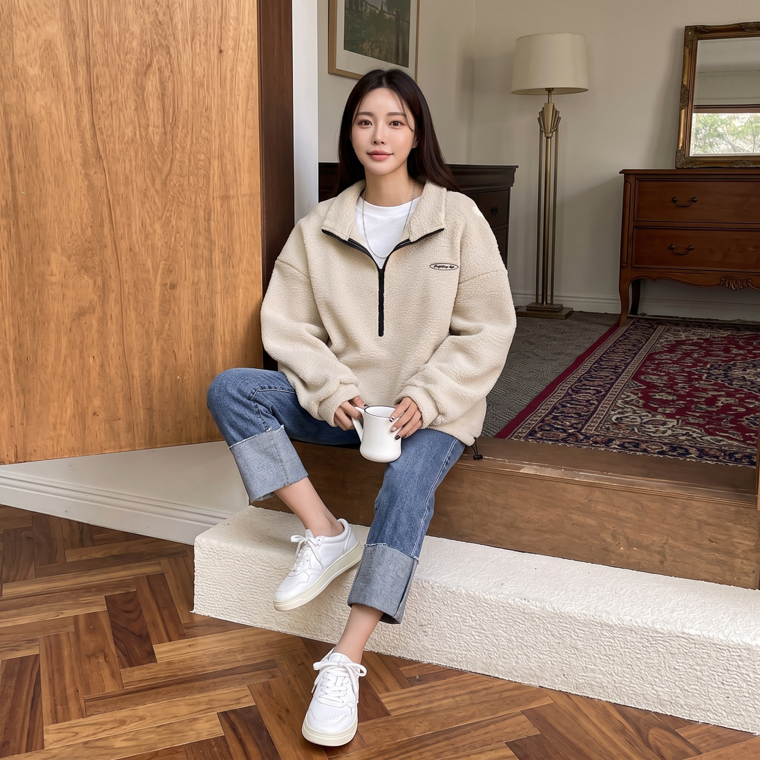 Apricot half zip fleece pullover, front view