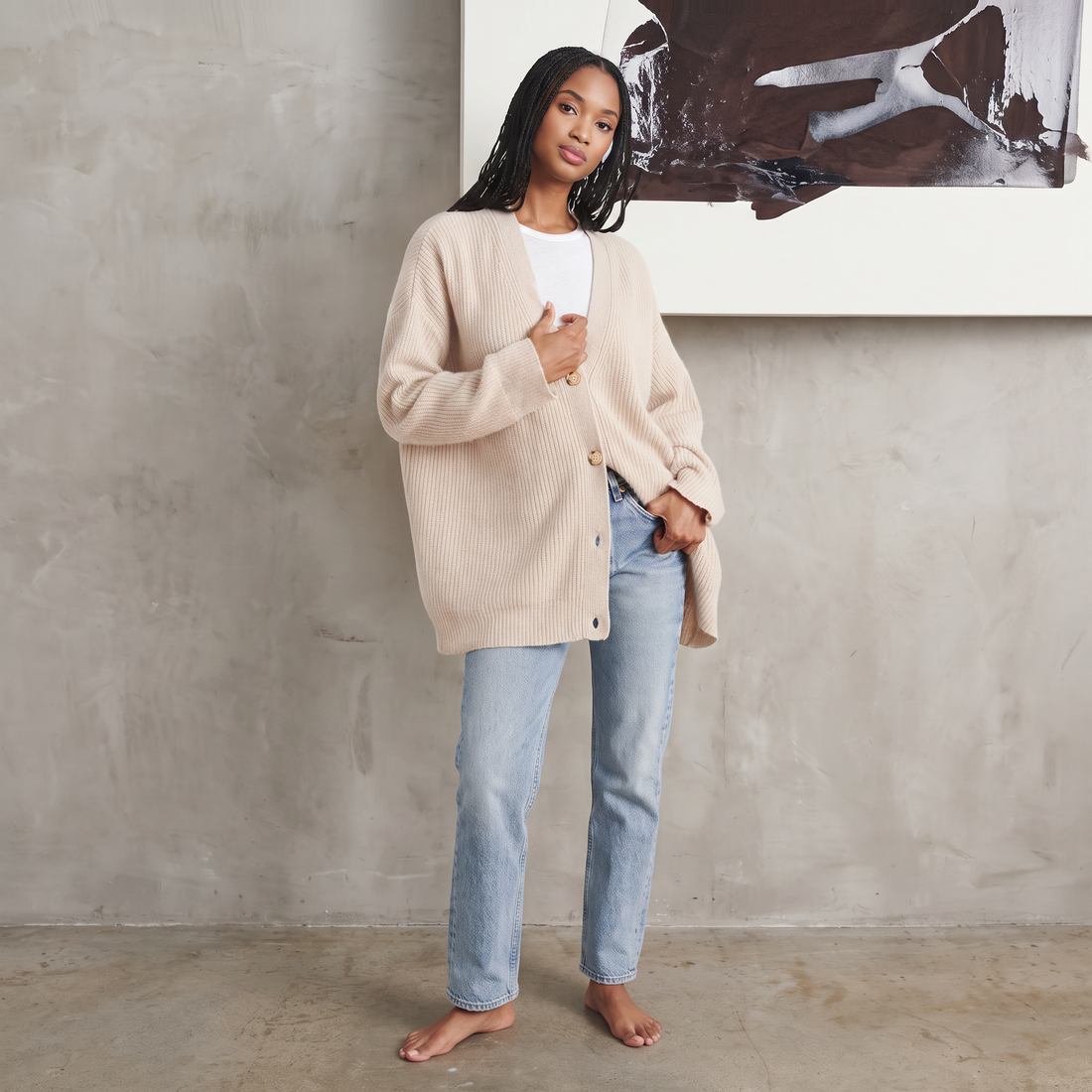 Apricot chunky knit V-neck cardigan