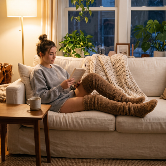 Woman relaxing on a sofa wearing brown over-the-knee fuzzy socks