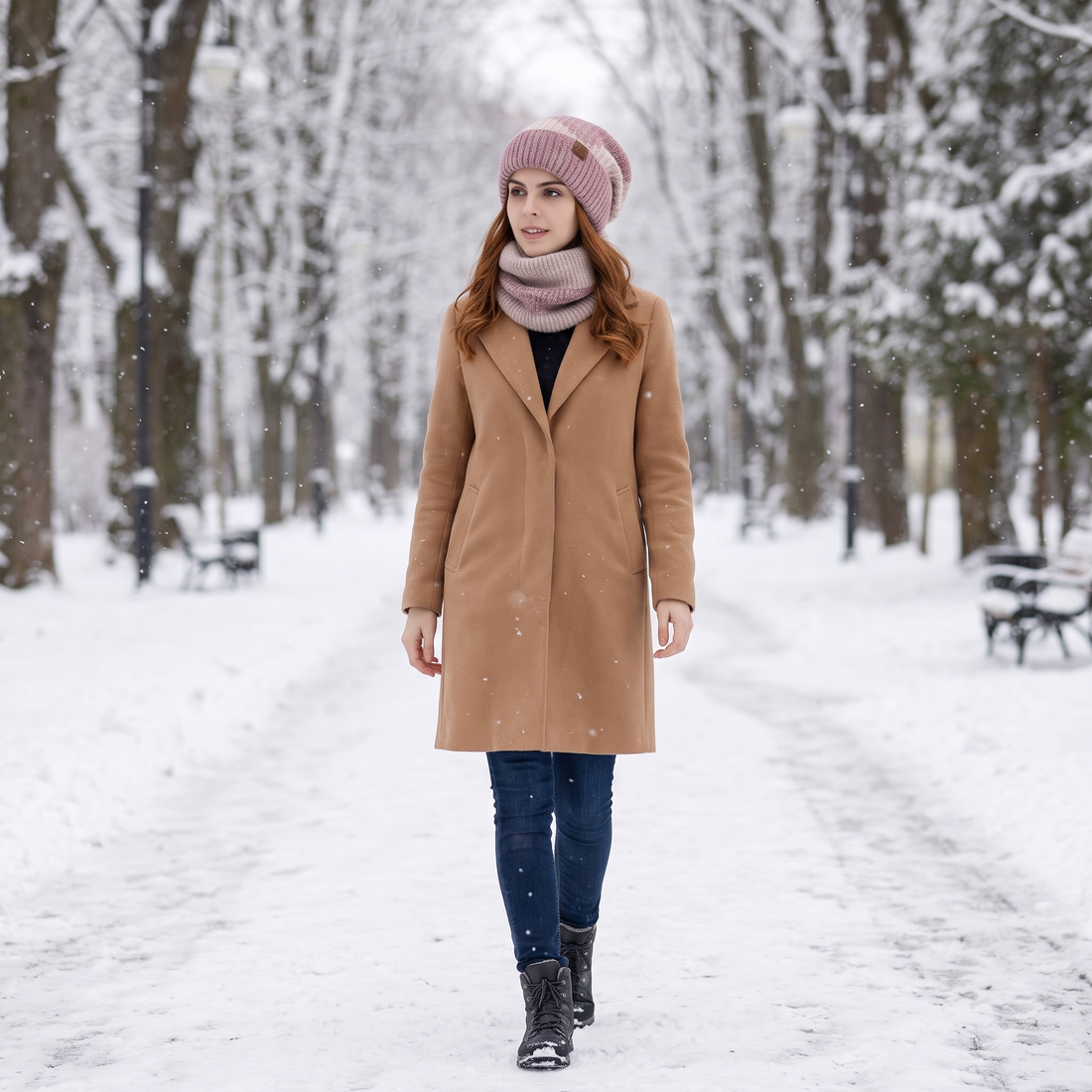 Woman walking in a snowy park wearing the two-tone pink slouchy knit beanie and neck warmer set