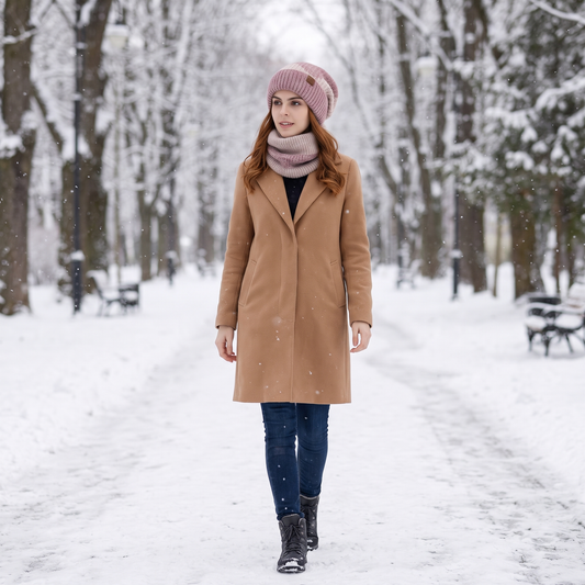 Woman walking in a snowy park wearing the two-tone pink slouchy knit beanie and neck warmer set