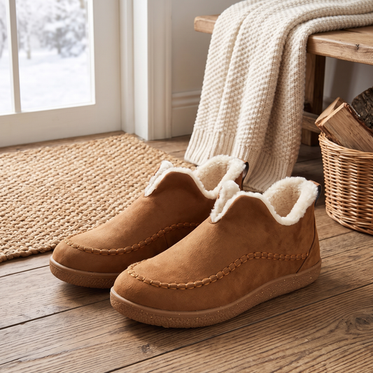 Light brown fleece-lined slip-on ankle booties on a wooden floor by the front door